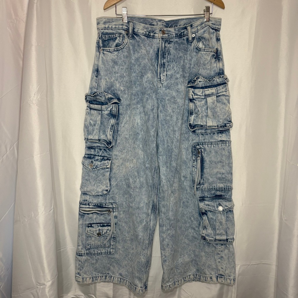Gap Acid Wash Denim Cargo Pants Wide Leg Multi Pocket Blue Jeans Womens 14R 32